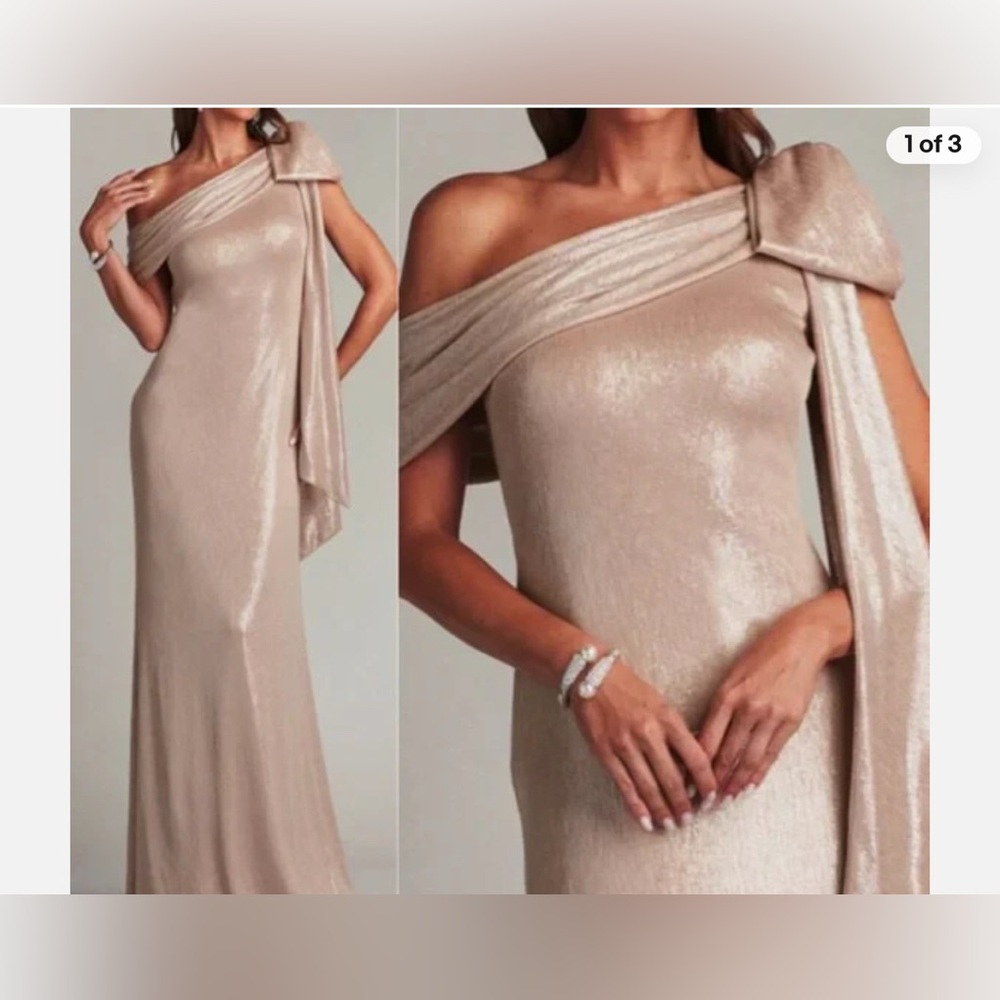 Tadashi Shoji Pale Pink Metallic Bow One Shoulder Gown